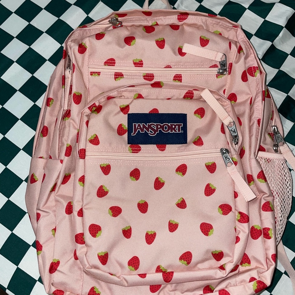 JanSport Pink and Red Strawberry Pattern Backpack